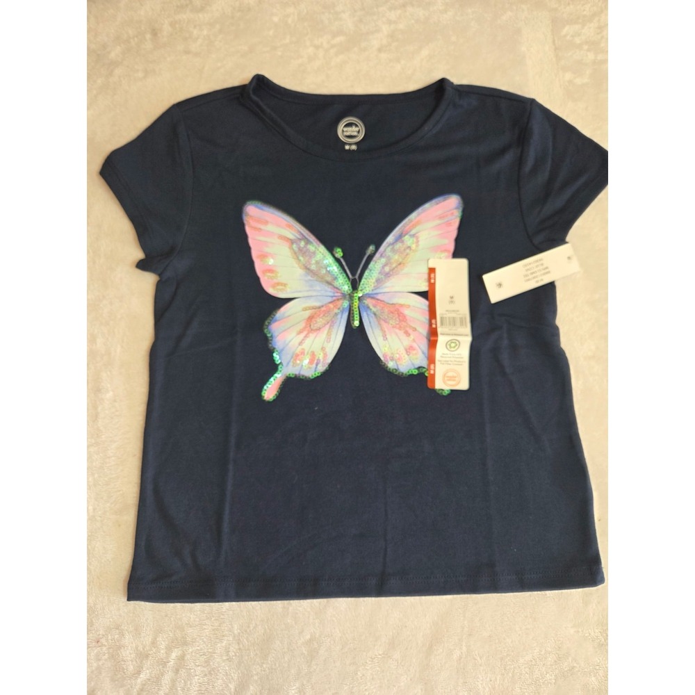 381 Wonder Nation Girls M 8 Navy Blue Butterfly Sequin Graphic T-Shirt NWT
